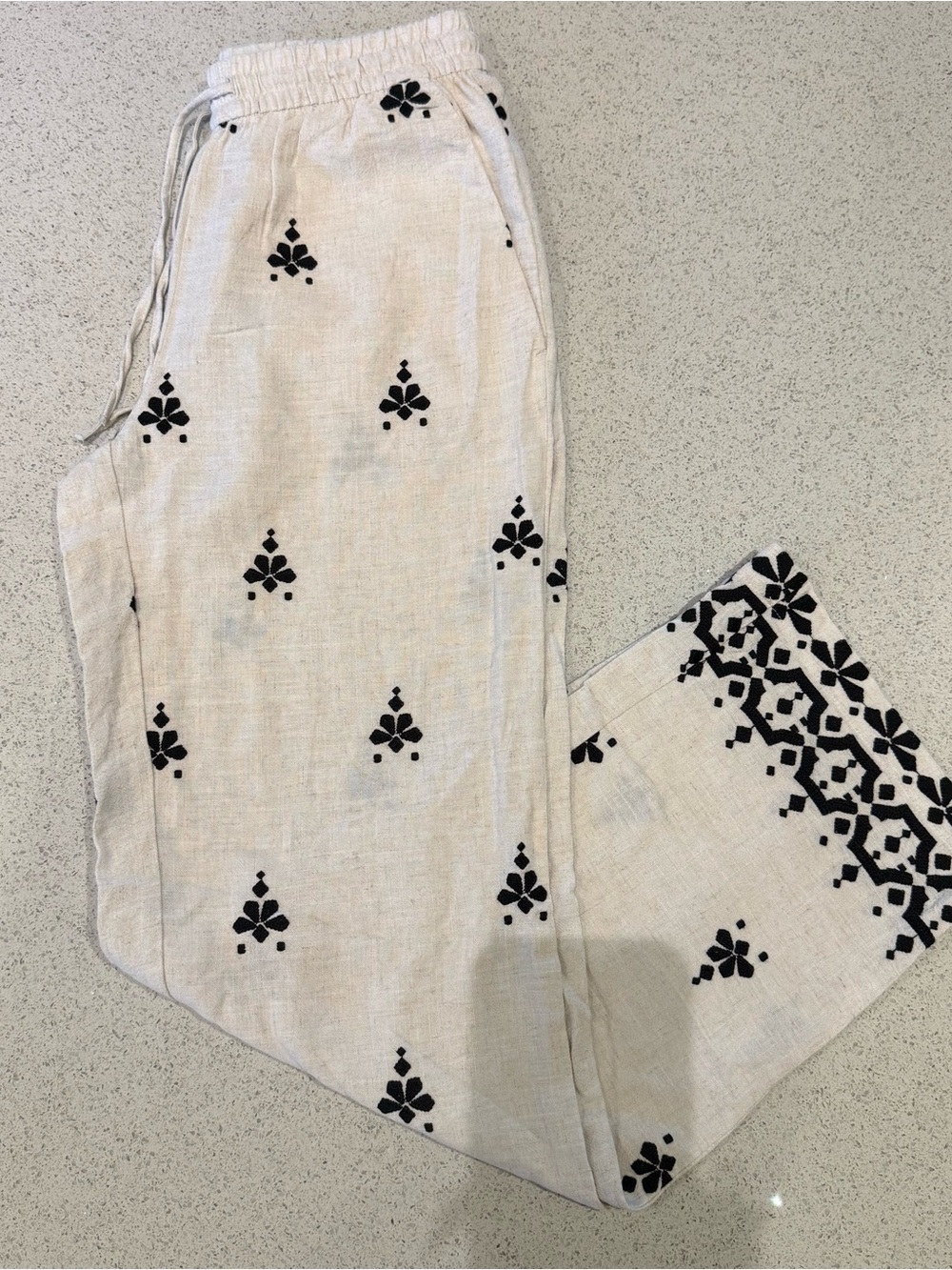 Zara Cream Linen Trousers with Black Embroidered Motif
